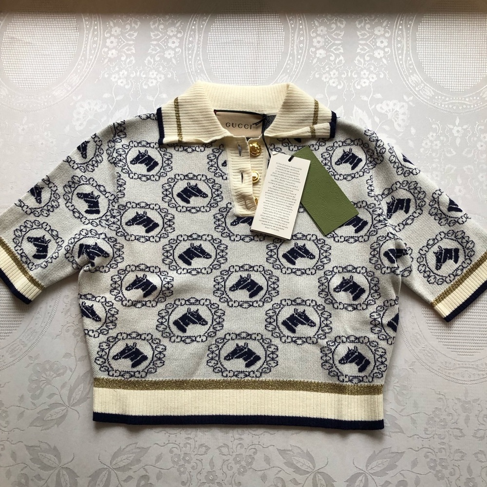 Gucci Equestrian Jacquard Polo Short Sleeves Sweater Cream/Navy Women's Size XS - Picture 6 of 16